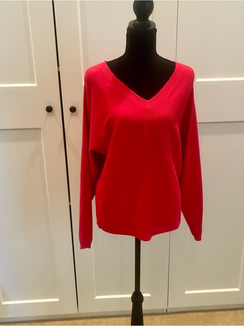 Tahari V-Neck Long Sleeve Sweater in Bright Coral Red in Soft Cozy Viscose Knit